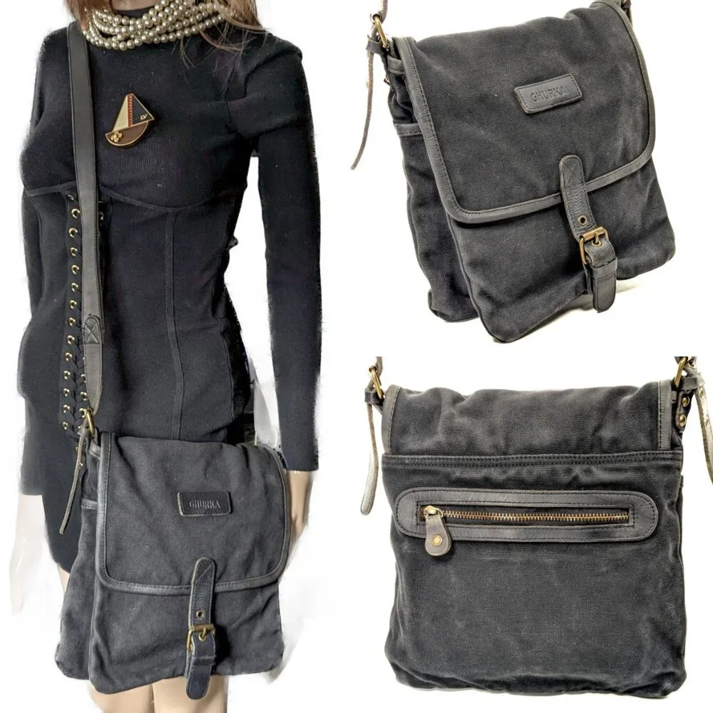 GHURKA Black Denim and Leather Rugged Messenger Crossbody - Picture 3 of 15